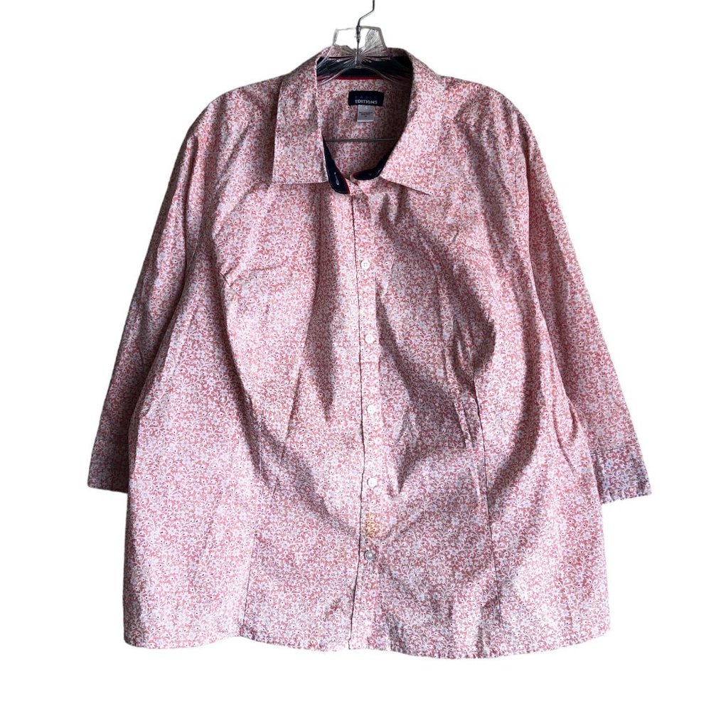 Basic Editions Women's Blouse Plus 3X Floral Pink Ditsy 3/4 Sleeve Stretch